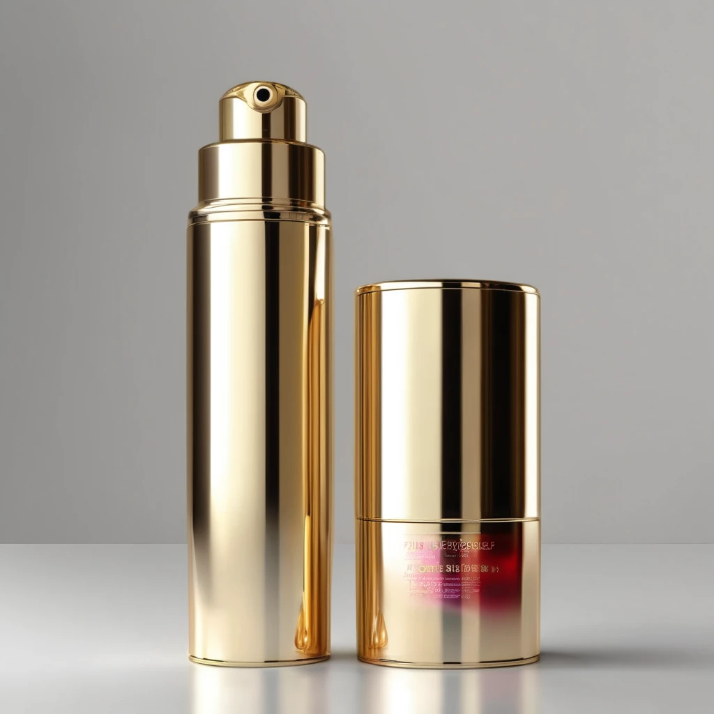 Cylindrical cosmetic bottle, light red liquid inside, gold metallic cap, white background, best image quality.
