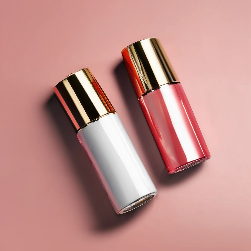 Cylindrical cosmetic bottle, light red liquid inside, gold metallic cap, white background, best image quality.