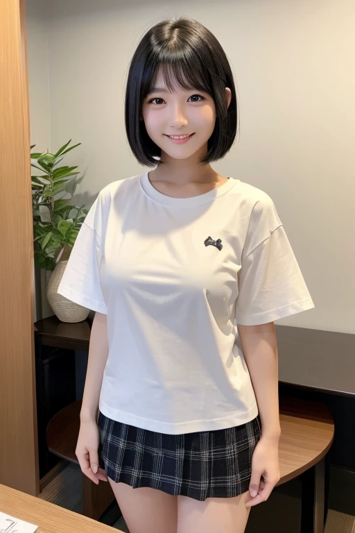 (Highest quality)、(Highest quality)、Japanese、smile、Childish、cute、20-year-old、Black Hair、Dark Eyes、Bob、Smooth、D Cup、Breast enlargement、White T-shirt、mini skirt