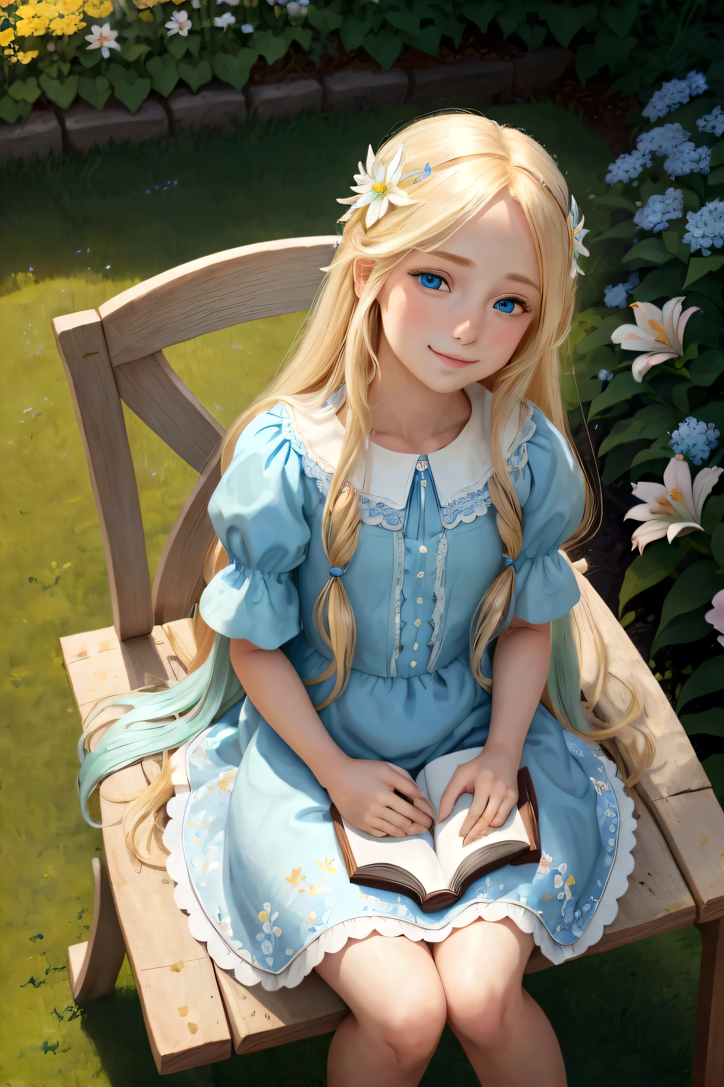 A beautiful blond girl with very long hair named Lily sits on a garden bench, reading a book. Her sparkling blue eyes reflect the joy of discovering new stories. She wears a light blue dress adorned with small flowers. The sun is shining, and the garden is in full bloom with colorful flowers and lush green grass.