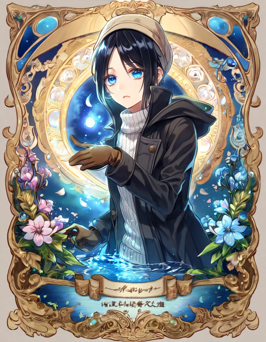 absurdres, highres, ultra detailed, HDR, master piece, Yoite, black hair, expressive blue eyes, black trench coat, white sweater, Nabari No Ou, sexy man, light brown beige cap, brown gloves, handsome, best quality, blue moon, flowers, fantasy, magical, solo, water, blue shining fireflies, blue petals,