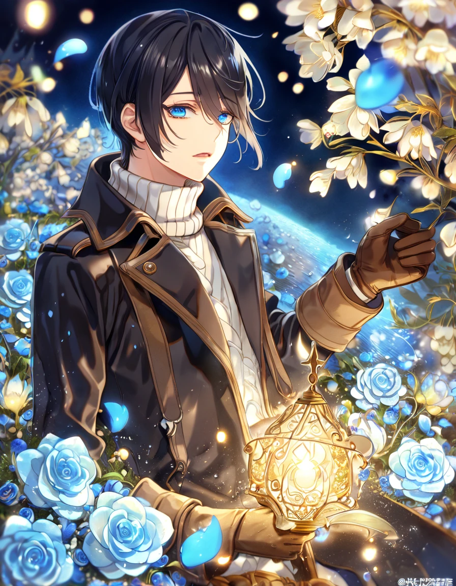 absurdres, highres, ultra detailed, HDR, master piece, Yoite, black hair, expressive blue eyes, black trench coat, white sweater, Nabari No Ou, sexy man, light brown beige cap, brown gloves, handsome, best quality, blue moon, flowers, fantasy, magical, solo, water, blue shining fireflies, blue petals,
