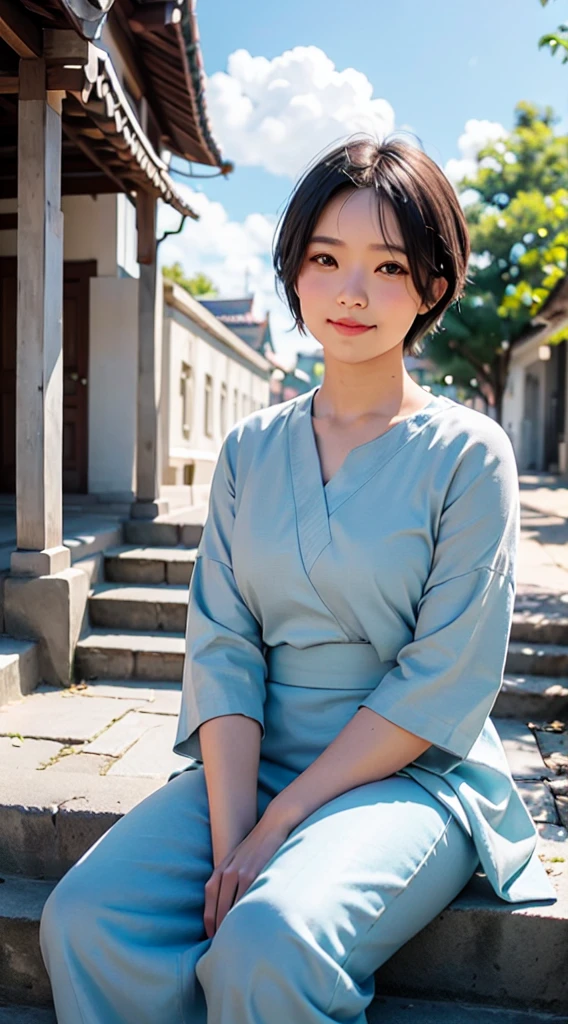 sayudef, full body, smile, blush, outdoors, daytime, simple background, blue sky, short hair, sky, temple, looking at the audience, sitting on the stairs, village, moody lights, semi-realistic portrait, blurred background, bokeh effects