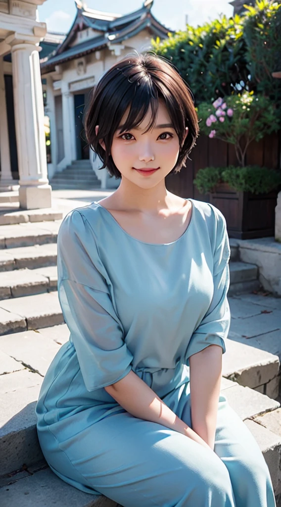 sayudef, full body, smile, blush, outdoors, daytime, simple background, blue sky, short hair, sky, temple, looking at the audience, sitting on the stairs, village, moody lights, semi-realistic portrait, blurred background, bokeh effects