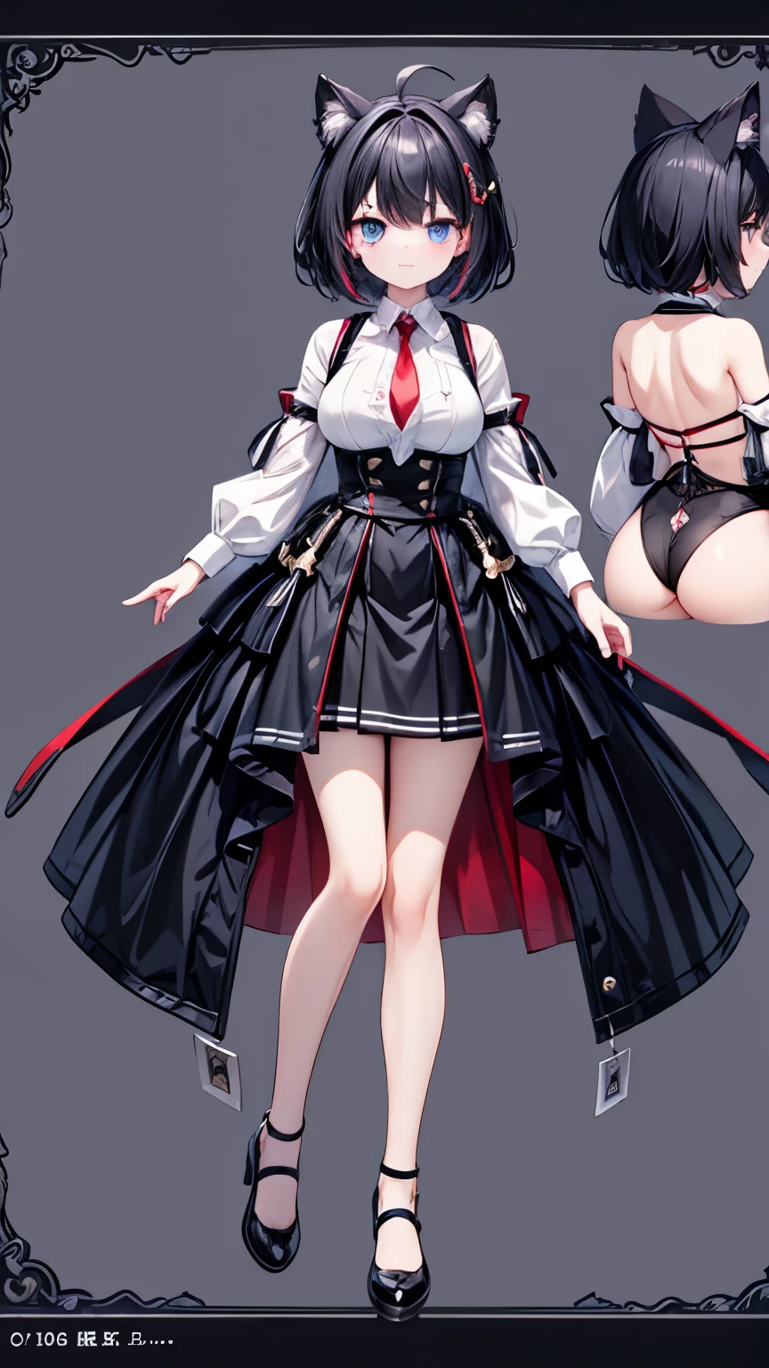 ((upright)), ((Arms at your sides)), Looking at the audience, Simple Background、White Background, 1 girl, Open your mouth, smile, Virtual YouTuber、With a girl、((Highest quality, expensive_solve, clear_image)),(Black Hair), (Black cat ears), (Ahoge), (Ridiculously short hair), (Wavy Hair),Red earring color (blue eyes),、Laughter、Very large breasts、whole body、I can see her cleavage、(wearing shoes on feet), (is wearing like the police dress shirt),((Suspender belts)),black necktie,holster,Pocket to hold a gun,((good girl)), detailed and beautiful eyes man, good looking,((an extremely delicate and beautiful)),make the eyes the same shape and color on both sides,Character Sheet,Character Reference Sheet, ((View from the front, Side view)) Symmetrical elements in clothing,