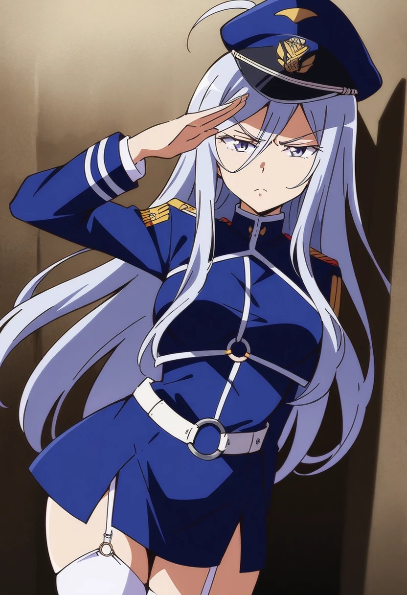 anime art style, 2d, masterpiece, best quality, very aesthetic, absurdres, dynamic shadows, atmosferic, vladilena_millize, (1girl), ((silver hair)), long hair, (silver eyes), narrowed eyes, detailed eyes, ahoge, hair between eyes, bangs, medium breasts, angry, military, military uniform, uniform cutout, cropped jacket, peaked cap, blue headwear, blue jacket, white shirt, blue miniskirt, high-waist skirt, garter straps, white thighhighs, o-ring belt, white belt, ((cowboy shot)), standing, salute, ((from front)), bunker, walls, cell-lights, looking at viewer