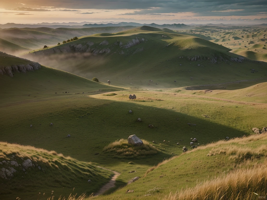 Hyperrealistic 8k high detail 3d art, fantasy setting, a tall grassland, romantic the end of the world