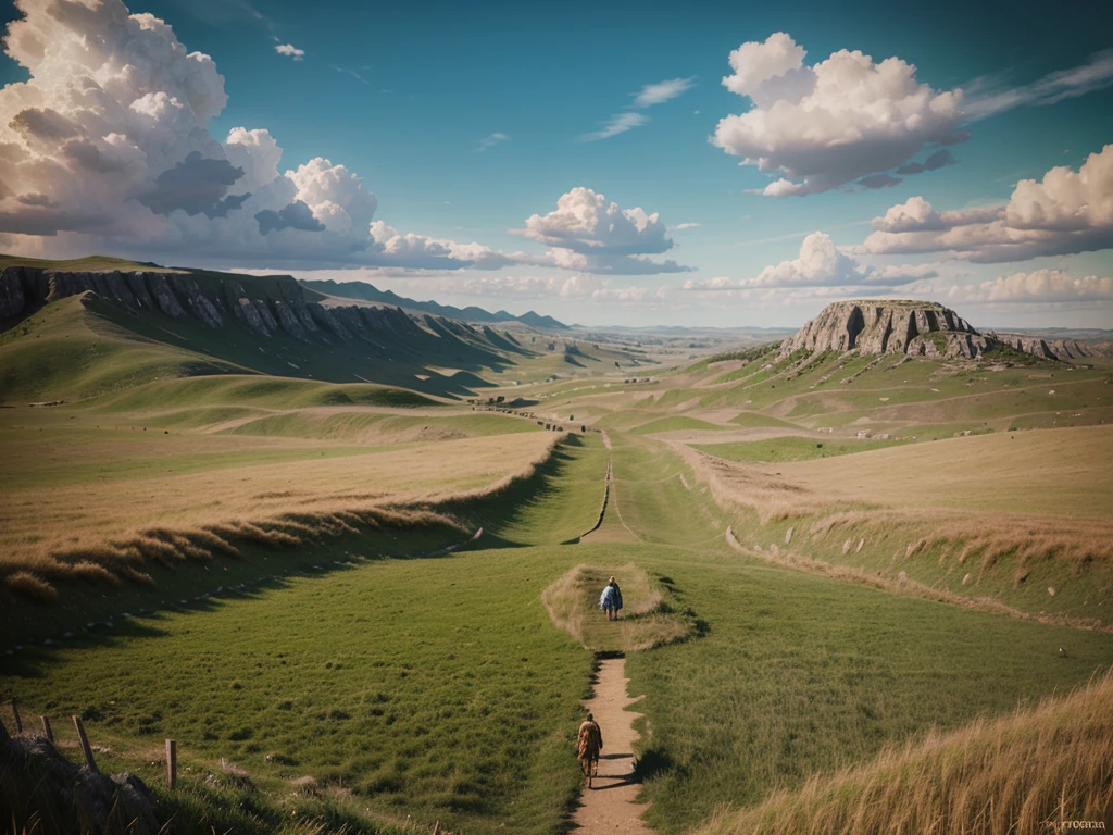 Hyperrealistic 8k high detail 3d art, fantasy setting, a tall grassland, romantic the end of the world