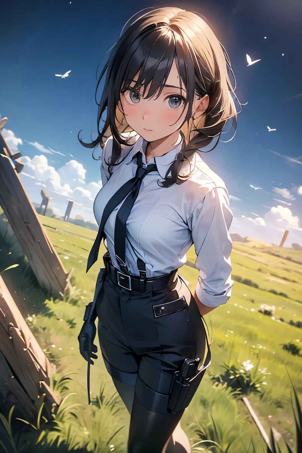 high quality, masterpiece, Ultra-high resolution, (realism: 1.4), Oil painting style, Cinema Lighting, An endless grassland dotted with a few houses, I stood on the empty asphalt road and looked at it., Fairy Mountain々was shrouded in mist, And the suspenders with the cranes flying Moderate breasts Small face holster Lying in bed Looking up Sweat belt summer 脇Sweat Black Hole Gloves suit shirt Black jacket Black trousers Leg Links ズボンにbelt holster Hands behind your back Anxious expression Looking up Anxious face