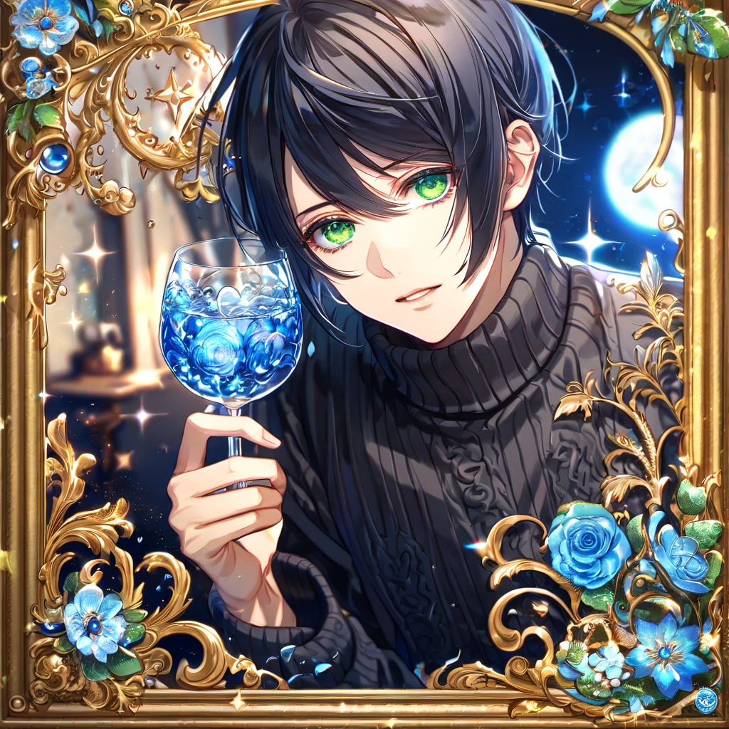 absurdres, highres, ultra detailed, HDR, master piece, best quality, extremely detailed, Rokujou Miharu, black hair, expressive green eyes, Nabari No Ou, solo, man, handsome, black sweater, magical, fantasy, glittering, sparkling, glass, blue flowers, blue petals, water, blue moon