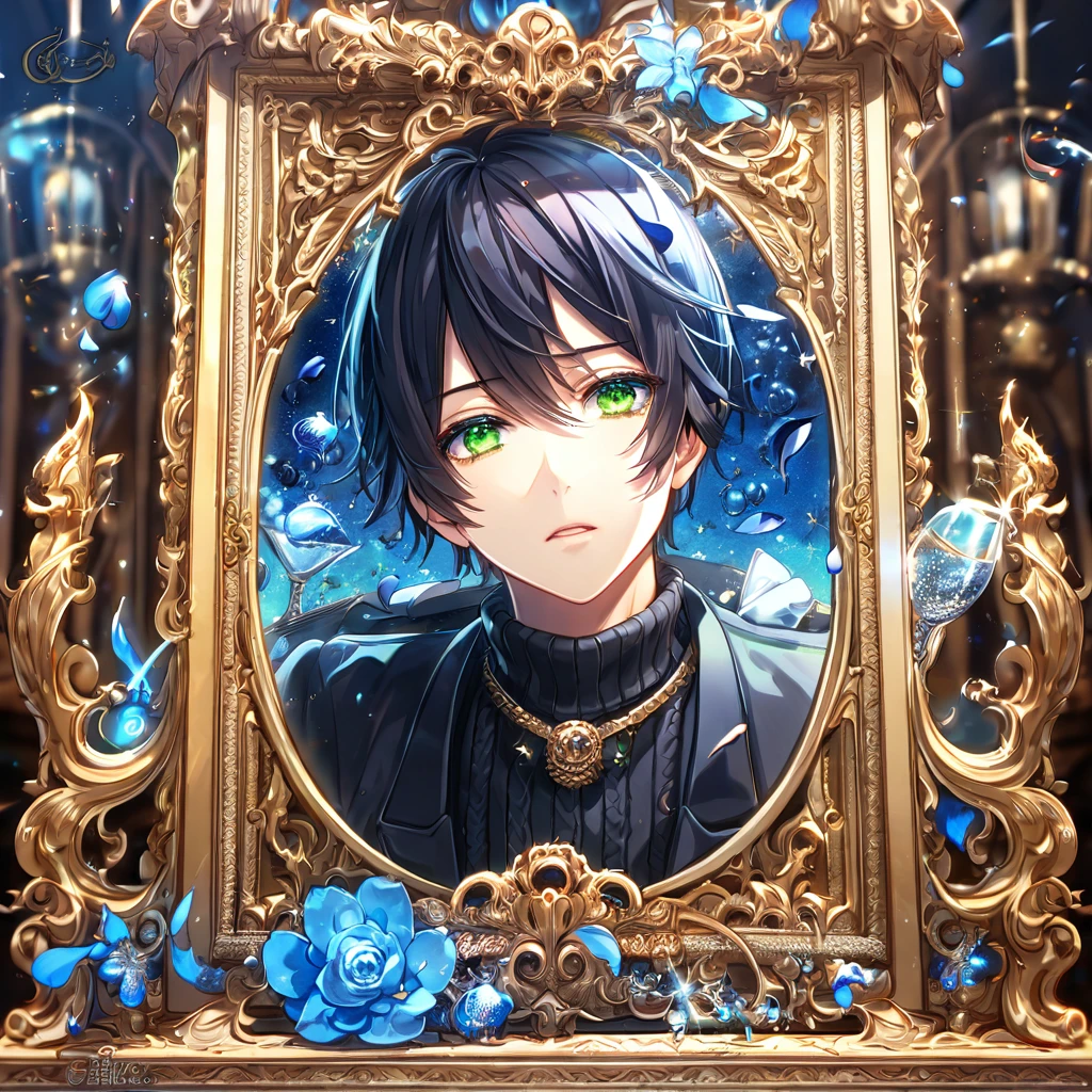 absurdres, highres, ultra detailed, HDR, master piece, best quality, extremely detailed, Rokujou Miharu, black hair, expressive green eyes, Nabari No Ou, solo, man, handsome, black sweater, magical, fantasy, glittering, sparkling, glass, blue flowers, blue petals, water, blue moon