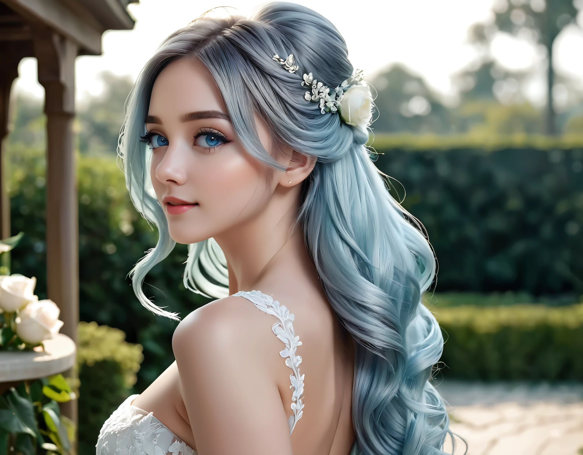 (masterpiece, best quality, beautiful and aesthetic:1.3), side view, look back, 1 girl, Happy,  smirk,  (sliver hair Gradient light blue hair:1.6), Absurdly long hair, half updo half up half down, wavy end, shiny hair, Flowing hair, (glowing blue eyes), Exquisite eyes, Aqua eyes, Super high detail eyes, long upper eyelashes, cosmetic, focus on face, Very rich facial details, Pretty Face, Perfect breasts, Hot body, (The skin texture is delicate:1.2), white Wedding dress, Lace-trimmed dress, transparent, Wedding dress, outdoor, White Rose, garden, morning, Everlasting, Very detailed, 