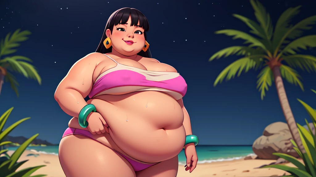 (work of art:1.2, best qualityer:1.2, dark ambient:1.1), SSBBW, Giant breasts, thunder thighs, soft, 1 girl, standing alone, Chel, Bblack hair, long hair, hombus stripe, eyes browns, darkskin, lipstick, breasts big, Broad Hips, top of the tube, neckleace, bared shoulders, emerald earrings, emerald bracelets, looking at the camera with a smug expression on his face, beach background, very large body, fat belly rolls, big breasts, sexy smile, fat arms, thunder thighs, super fat, looking at viewer, wet clothes, sweating very hard, sexy looking, blob, night beach, céu estrelado, night, very dark ambient, pov, sexy ambient, small girl, SUPER VERY VERY OBESE, LARGE GIRL