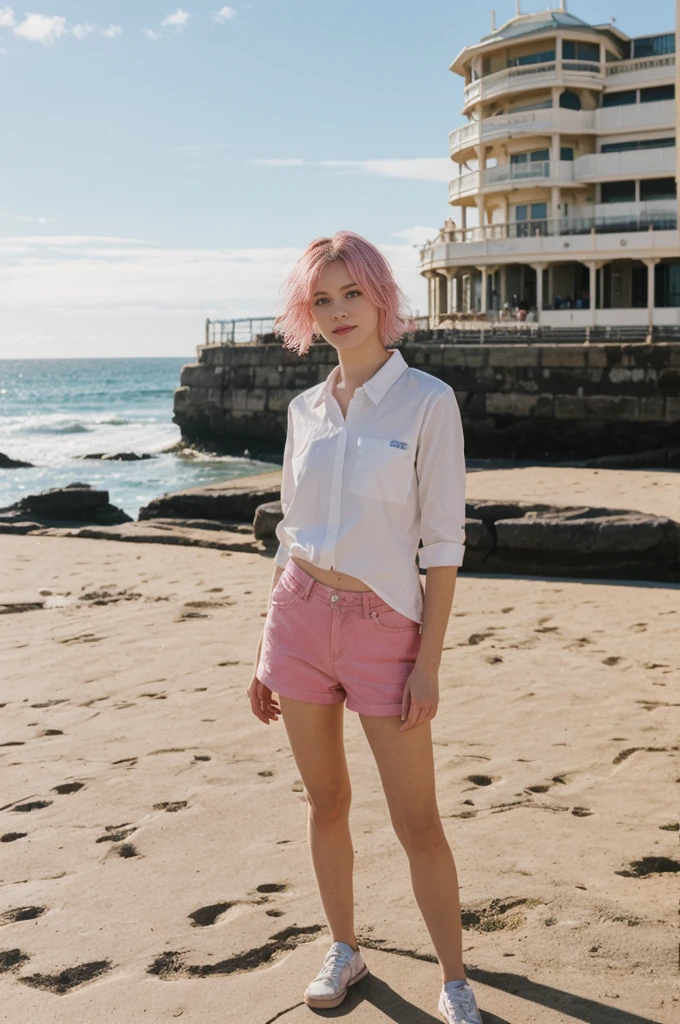 her name is Annie, high quality, 1girl, ((20-year-old fit Caucasian woman)), ((20 years old)), ((fit)), short pink colored hair, pose: standing, wearing bright colored unique gen Z modern wear, BACKGROUND: Grew up along Sydney's stunning harbor, with the Opera House, Bondi Beach's surf, and coastal walks defining daily life.