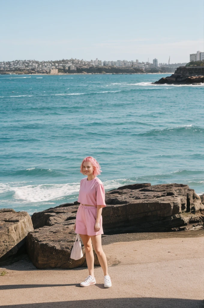 her name is Annie, high quality, 1girl, ((20-year-old fit Caucasian woman)), ((20 years old)), ((fit)), short pink colored hair, pose: standing, wearing bright colored unique gen Z modern wear, BACKGROUND: Grew up along Sydney's stunning harbor, with the Opera House, Bondi Beach's surf, and coastal walks defining daily life.
