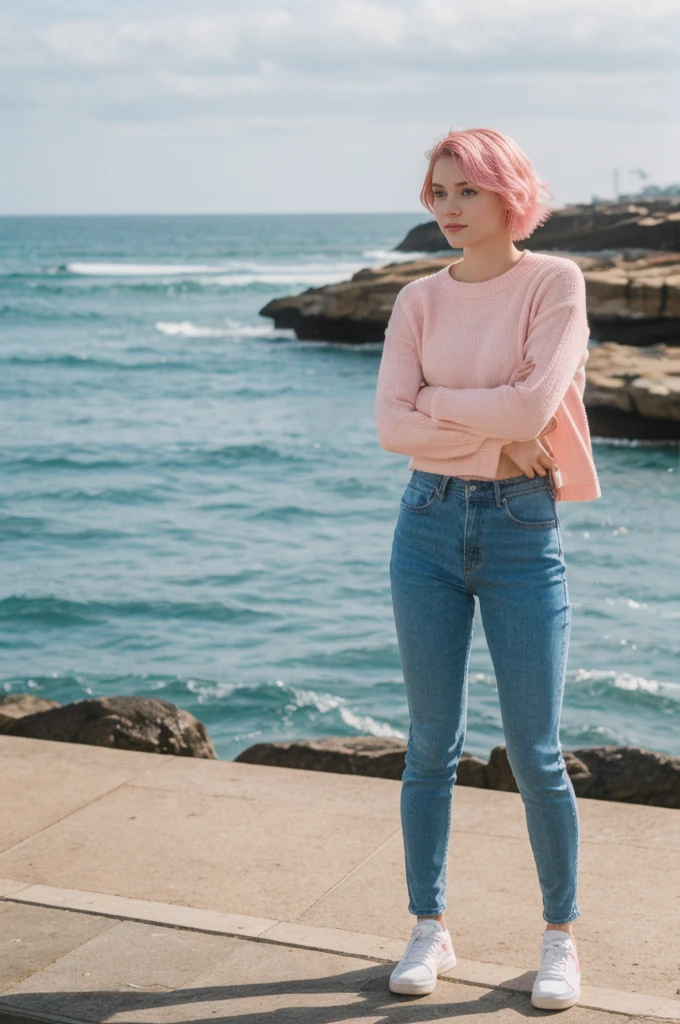 her name is Annie, high quality, 1girl, ((20-year-old fit Caucasian woman)), ((20 years old)), ((fit)), short pink colored hair, pose: standing, wearing bright colored unique gen Z modern wear, BACKGROUND: Grew up along Sydney's stunning harbor, with the Opera House, Bondi Beach's surf, and coastal walks defining daily life.