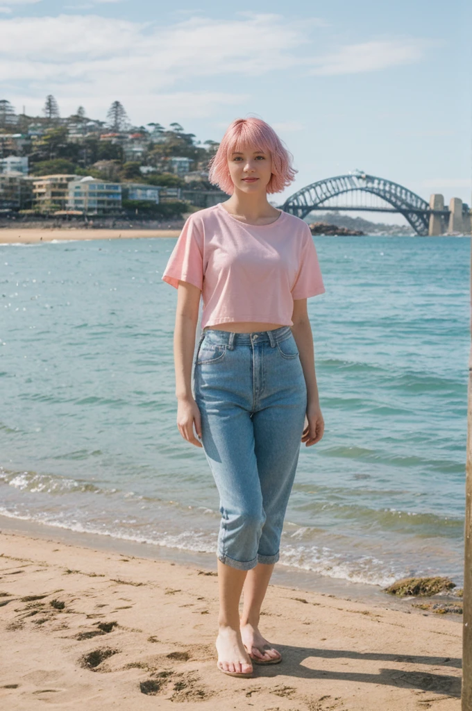 her name is Annie, high quality, 1girl, ((20-year-old fit Caucasian woman)), ((20 years old)), ((fit)), short pink colored hair, pose: standing, wearing bright colored unique gen Z modern wear, BACKGROUND: Grew up along Sydney's stunning harbor, with the Opera House, Bondi Beach's surf, and coastal walks defining daily life.