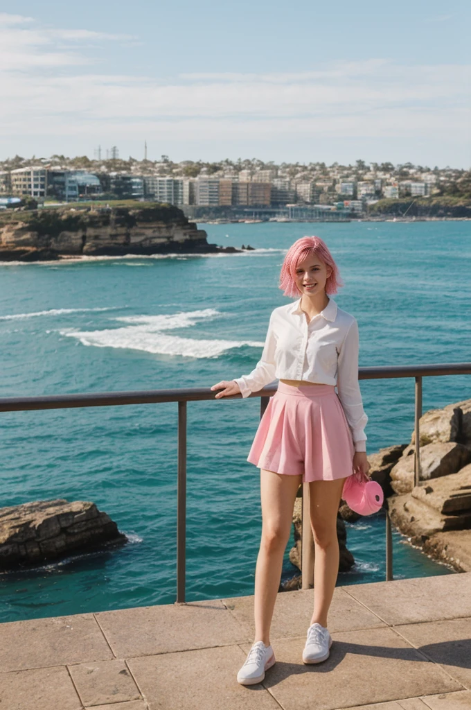 her name is Annie, high quality, 1girl, ((20-year-old fit Caucasian woman)), ((20 years old)), ((fit)), short pink colored hair, pose: standing, wearing bright colored unique gen Z modern wear, BACKGROUND: Grew up along Sydney's stunning harbor, with the Opera House, Bondi Beach's surf, and coastal walks defining daily life.