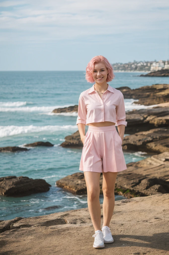 her name is Annie, high quality, 1girl, ((20-year-old fit Caucasian woman)), ((20 years old)), ((fit)), short pink colored hair, pose: standing, wearing bright colored unique gen Z modern wear, BACKGROUND: Grew up along Sydney's stunning harbor, with the Opera House, Bondi Beach's surf, and coastal walks defining daily life.