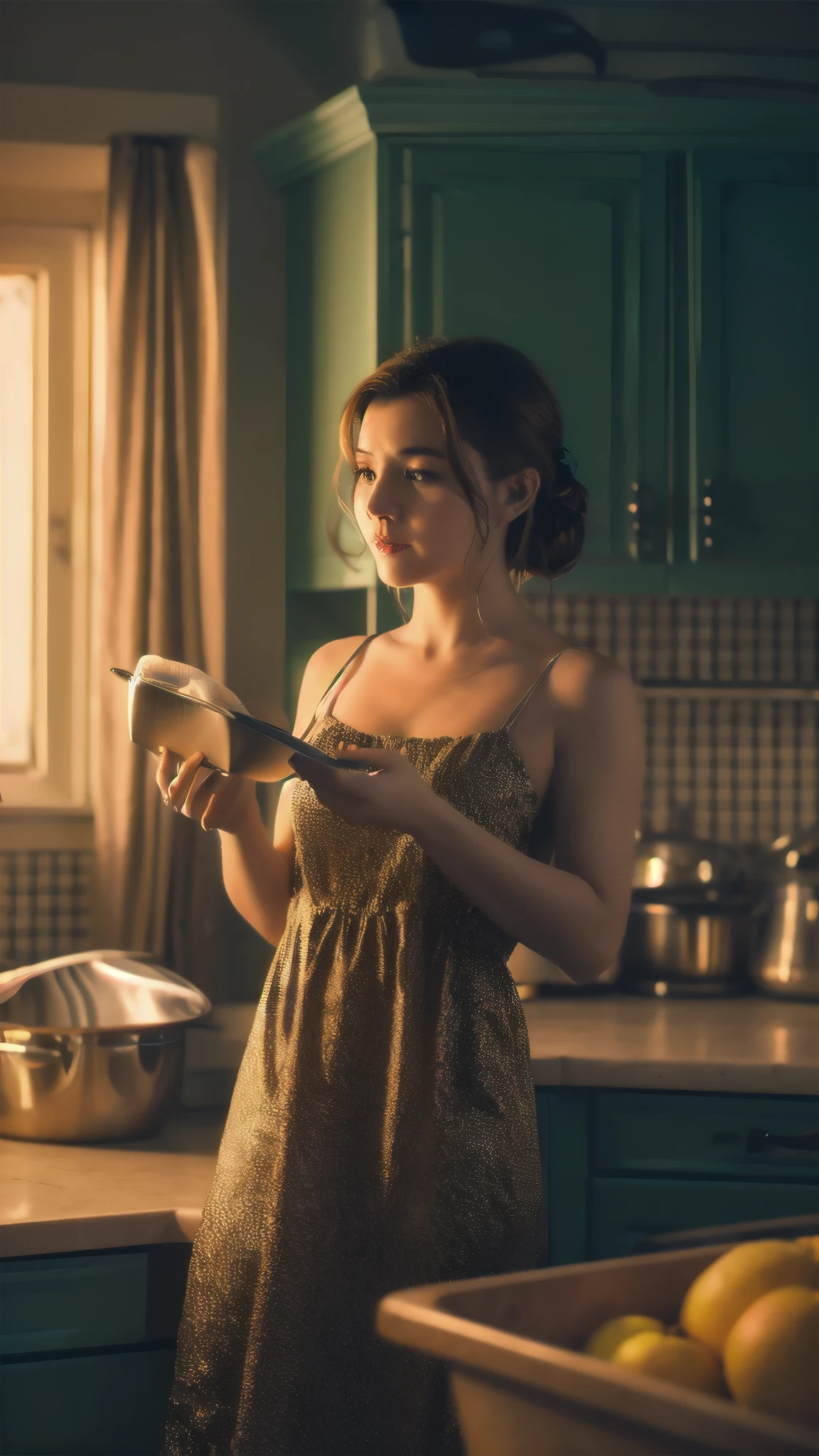 ((realistic lighting, highest quality, 8k, masterpiece)), 1girl, cooking in the kitchen, wearing night dress