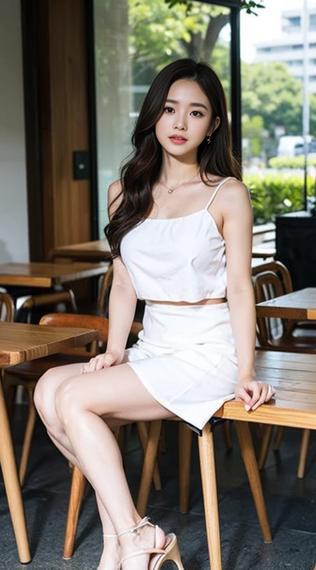 Dark brown hair、Light brown eyes、Japanese actress、 Lady、I am about 40 years old..、(私ntricate details:1.2)、(Which is the top???:1.4)、 (Ultra-high resolution:1.2)、Ultra-high resolution、(Finely tuned)、(Detailed facial features)、Hmph、8K resolution、D cup size breasts、Long Hair、ロサンゼルス Shade Awning サン＆Shade Awning、Terrace Cafe、Cafe tables lined up、Cafe chair、relax、、,Full body photo、Head to toe shot、Beautiful feet、White camisole、mini skirt、Blackpink Jenny　私 took this photo with the image of、Beautiful feet、she, Fashion Hub, Attention to detail, Very detailed, Realistic, Hourglass Shaped Body, Obscene pose,Leaning against a wall、Please lift your chin a little.....、Poses that make you feel weak、Are crying、Deep sorrow、My eyes and cheeks are wet with tears、A cafe surrounded by white flowers、Very sandals、Place your elbows on the table、Place your chin on your hand、Sun and Shadow、