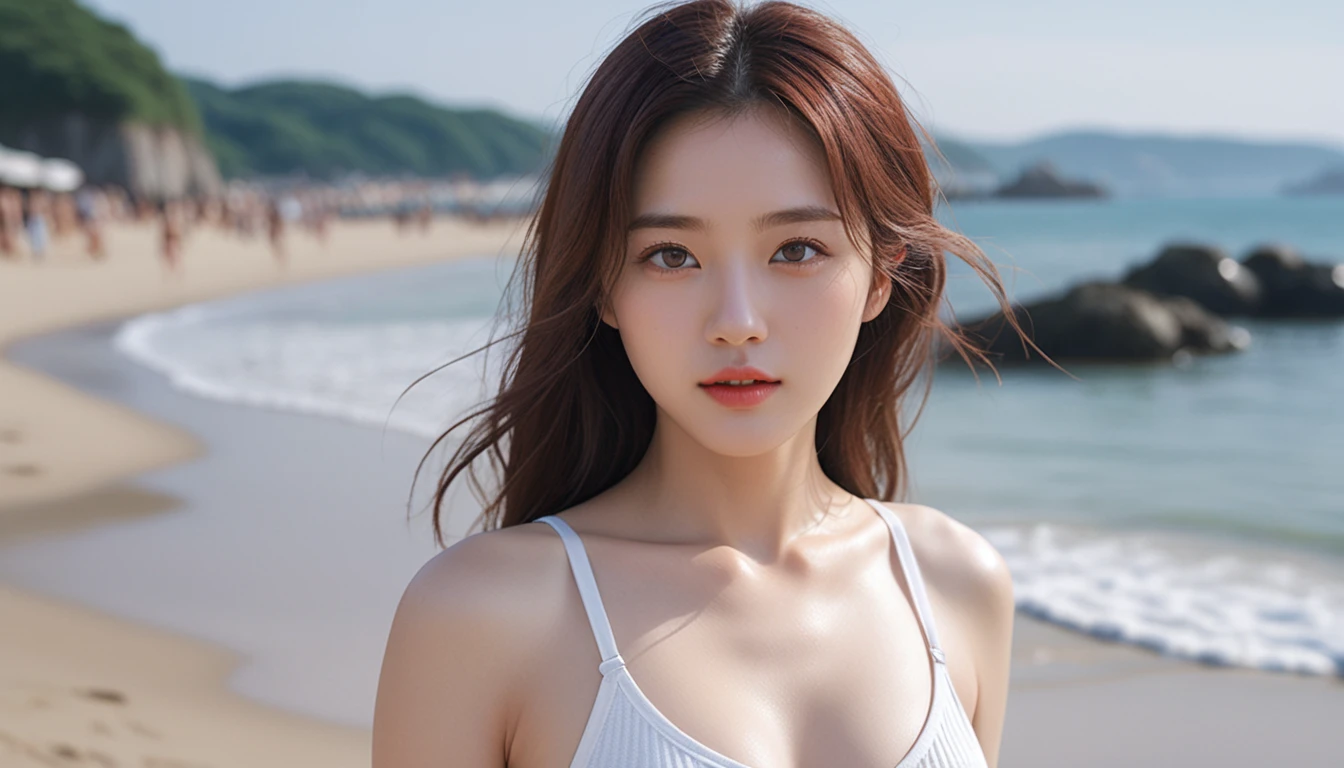 (1 woman:1.3), alone, ((Very detailed face)), ((very detailed 눈과 얼굴)))), beautiful 디테일의 눈, full body body parts, official art, Integrated 8K wallpaper, very detailed, beautiful and beautiful, beautiful, masterpiece, best quality, original, masterpiece, very nice photo, best quality, ultra high resolution, realistic realism, sunlight, full body portrait, amazing beauty, dynamic pose, delicate face, lively eyes, (from the front), she wears bikini swimsuit, White and red color scheme, very detailed 해수욕장 배경, beach waves view, detailed face, Detailed complex busy background, very cool, milk white, very detailed 피부, realistic skin details, visible pores, clear focus, 8k upscale, dslr, high quality, film grain, fair skin, photo realism, lomography, Futuristic dystopian megacity, transparent, (Hasseblad X1D-50c와 Hasselblad XCD-45P:1.9 Detailed photos taken with the lens)