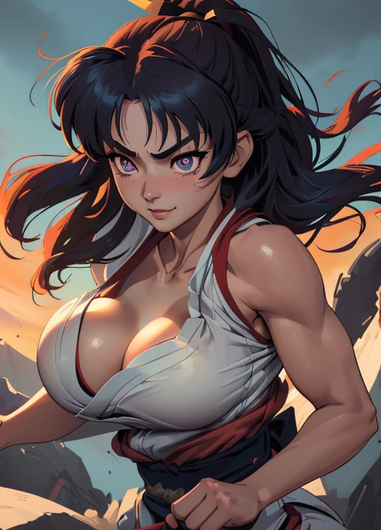((Masterpiece)), ((Best Quality)), (4K quality), ((Detailed face:1.2), (Detailed eyes:1.2), (Detailed pupils:1.2), (Kagome Higurashi merged with Mai Shiranui), 25 years old, matured face, beautiful detailed eyes, ultra detailed eyes, extremely detailed face, large breasts, cleavage, very busty, big hips, strong muscles, athletic physique, She stands tall while wearing a red Kunoichi dress, pelvic curtain, arm guards and gloves. She's looking directly at the camera with an confident smirk. Her gaze is both alluring and fierce as she is in a fighting stance, female fighter, she's a martial artist, (Throwing a punch:1.1). ((bouncing breasts, unaligned breasts, bouncy breasts:1.2)), motion line, Motion Blur. Full body portrait, Perfect Anatomy,(Professional Lighting), 4k textures, raw photo, epic artistic, photoreal art, sharp focus, even lighting, insane details, intricate details, hyperdetailed, rich colors,