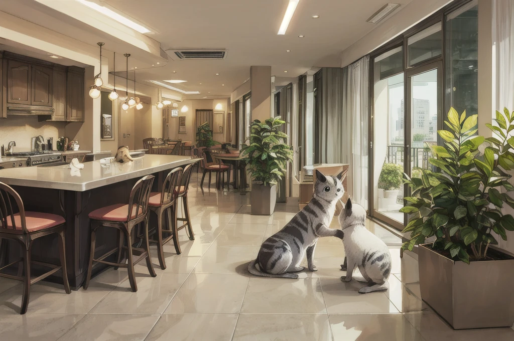 counter，Small animals，Vision，indoor，hotel，Children&#39;s illustrations，Behind is the wall，Wooden floor in front