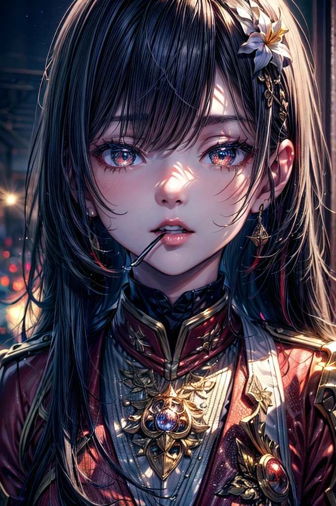 8K, Highest quality, 1peopleの女の子, (Skin Dentition), night, (dark), Clear background indoors, (people々), Beautiful Bangs, nice,, (Clothing and uniforms:1.3),Soft lighting, Charm, dark Room, (Mouth closed:1.2, Beautiful Eyes, Fine grain, Detailed Iris, Beautiful Lips, Beautiful Nose, Beautiful Face),(primary color:1.5)