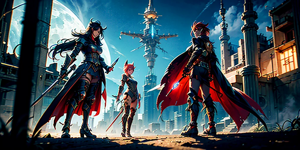Ancient anime style, artbook, comicbook, RPG, futuristic medieval.  Goblin fox warrior, dark red skin, with human face with light red glowing tribal magical tattoos, goblin base with fox features, neon details, with technological tribal armor with glowing magical markings, full body, bare feet, spear with magical markings shiny.  Epic scene, wide and deep scenery, with several depth planes, stylish and dynamic pose.  In the middle of a magical steampunk technological village, mixing technology and vegetation, buildings with neon details and glowing magical vegetation, magical technological airships with shiny details inspired by ships flying in the sky.