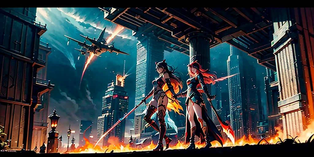 Ancient anime style, artbook, comicbook, RPG, futuristic medieval.  Goblin fox warrior, dark red skin, with human face with light red glowing tribal magical tattoos, goblin base with fox features, neon details, with technological tribal armor with glowing magical markings, full body, bare feet, spear with magical markings shiny.  Epic scene, wide and deep scenery, with several depth planes, stylish and dynamic pose.  In the middle of a magical steampunk technological village, mixing technology and vegetation, buildings with neon details and glowing magical vegetation, magical technological airships with shiny details inspired by ships flying in the sky.