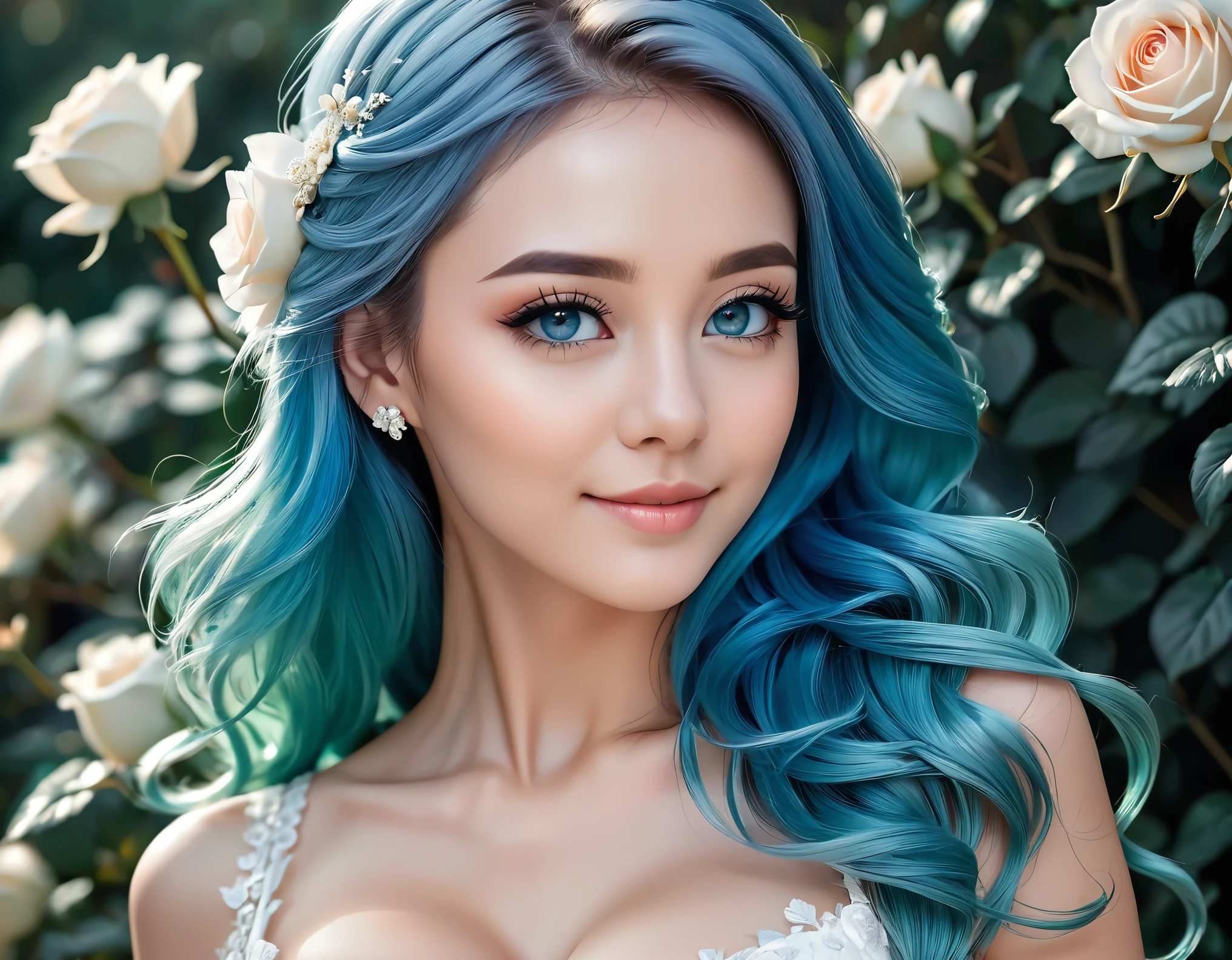 (masterpiece, best quality, beautiful and aesthetic:1.3), side view, 1 lady, Happy,  smirk,  (blue hair Gradient light cyan hair:1.6), Absurdly long hair, half updo half up half down, wavy end, shiny hair, Flowing hair, (glowing Emerald eyes), Exquisite eyes, Aqua eyes, Super high detail eyes, long upper eyelashes, cosmetic, focus on face, Very rich facial details, Pretty Face, Perfect breasts, Hot body, (The skin texture is delicate:1.2), white Wedding dress, Lace-trimmed dress, transparent, Wedding dress, outdoor, White Rose, garden, morning, Everlasting, Very detailed, 