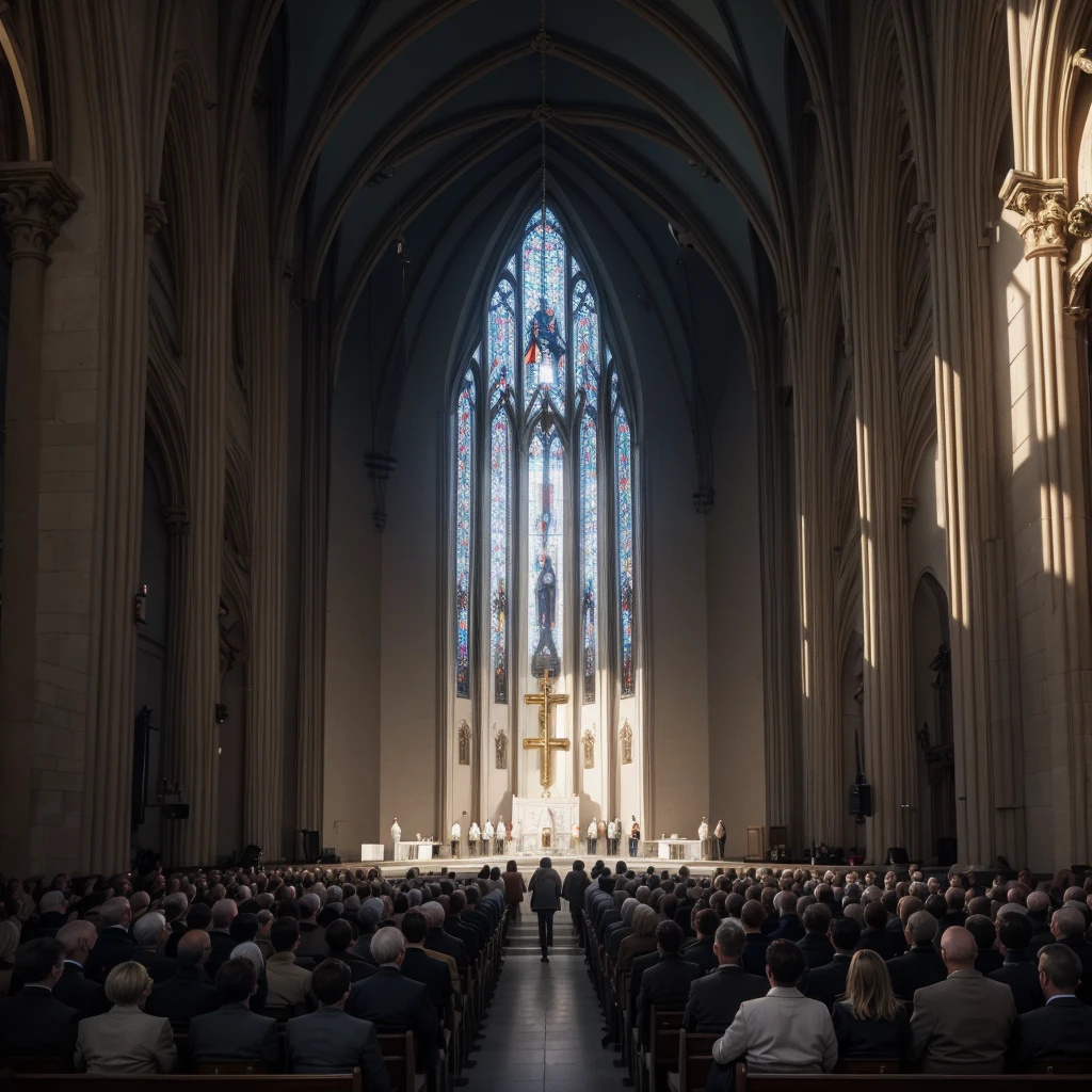 white church background, illuminated, with people worshiping with their hands raised