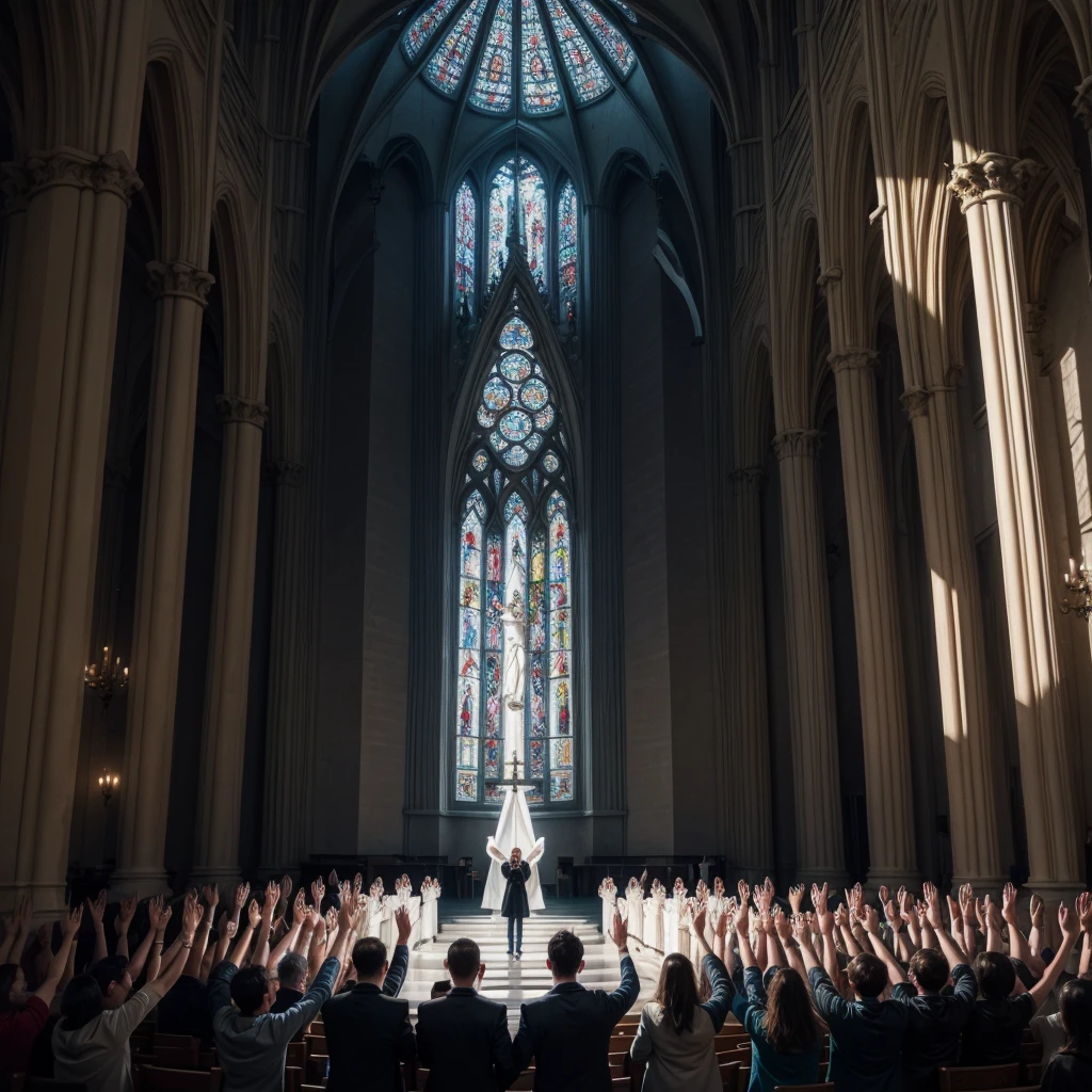 white church background, illuminated, with people worshiping with their hands raised