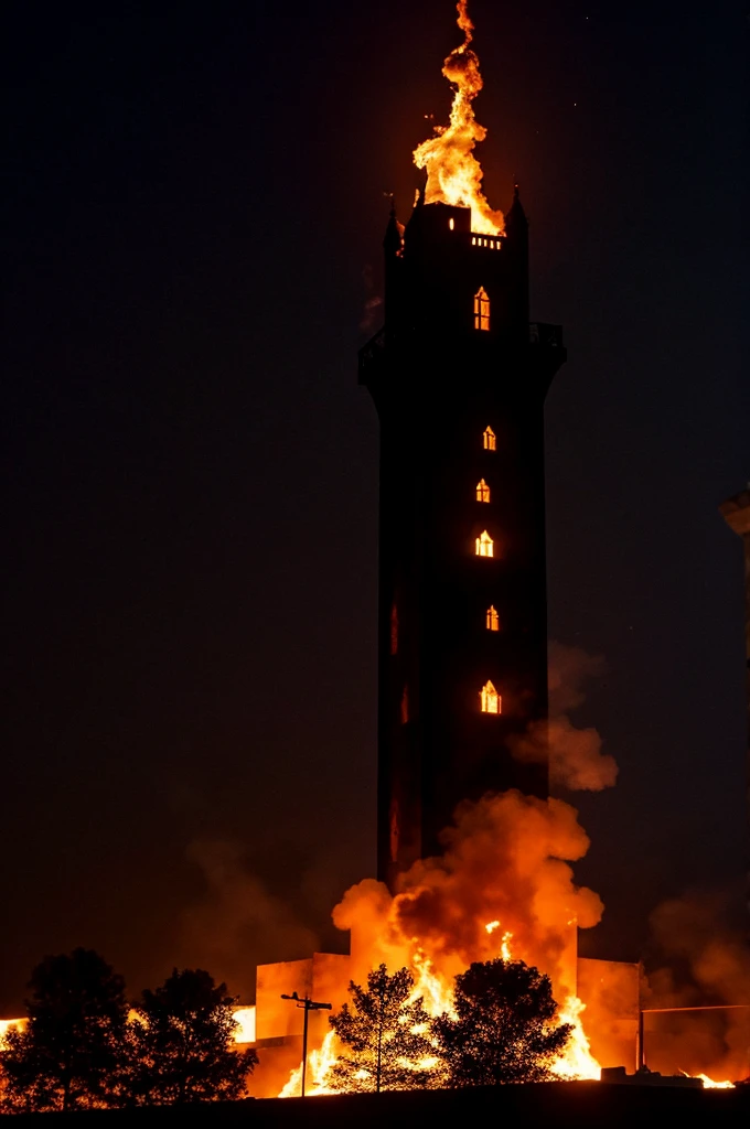 A tall black tower with blazing flames all around it