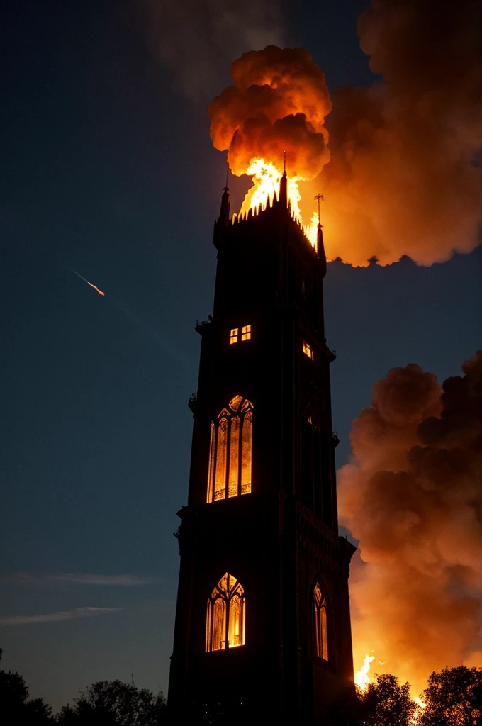 A tall black tower with blazing flames all around it
