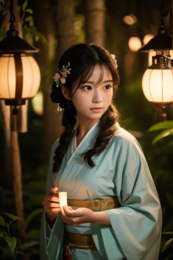low angle shot of a very attractive japanese woman wearing a kimono in a lush forest at night. She is holding paper lantern. Her face is lit by the ambient lighting from the lantern. Muted color tones.