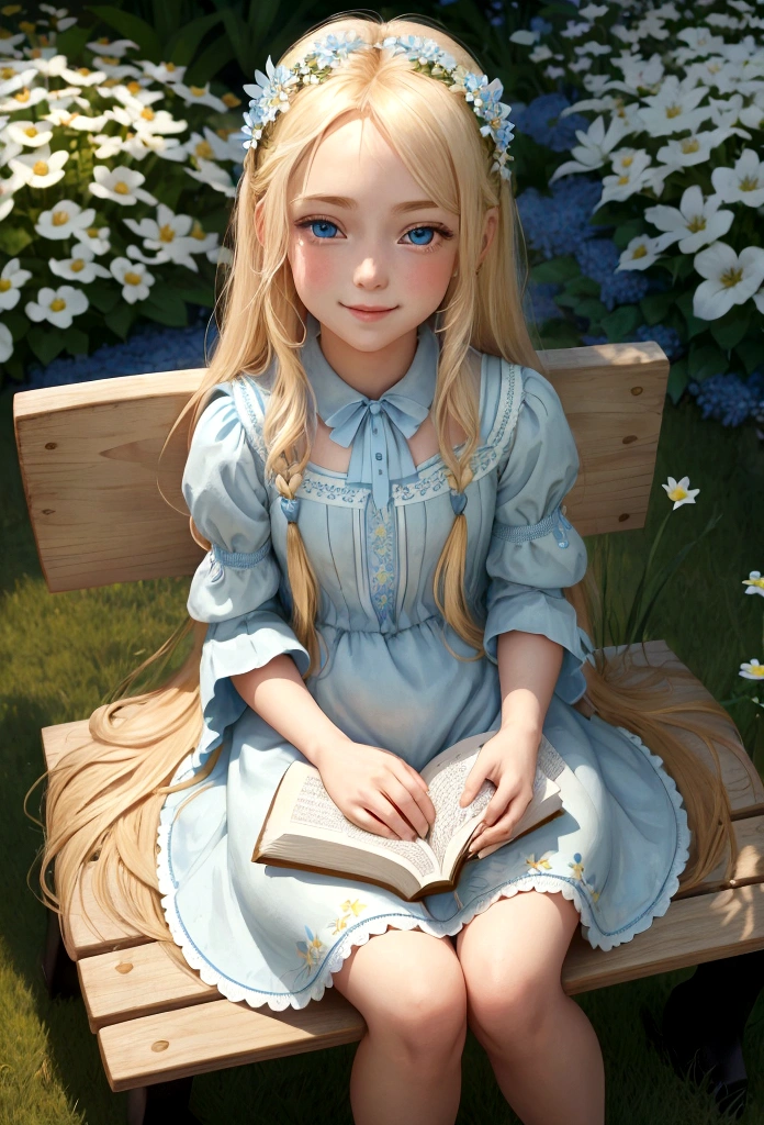 A beautiful blond girl with very long hair named Lily sits on a garden bench, reading a book. Her sparkling blue eyes reflect the joy of discovering new stories. She wears a light blue dress adorned with small flowers. The sun is shining, and the garden is in full bloom with colorful flowers and lush green grass.