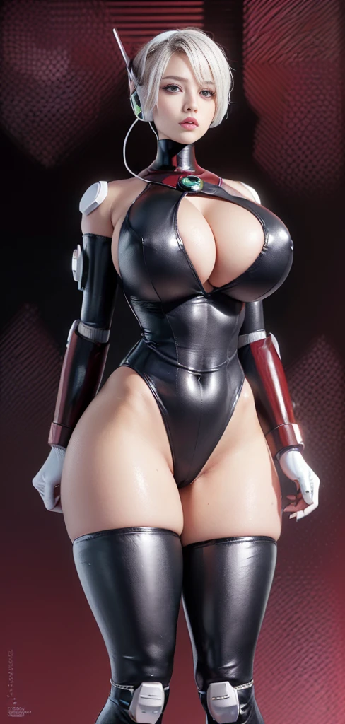(1GIRL, alone, 独奏), (super detailed face), (Black Long Hair:1.2), (BIG BUTTOCKS, 11 LINE ABS, CLEAVAGE, HUGE FAKE BREASTS:1.5), (MECHA GUARD ARM:1.3), (A girl wearing sexy clothing,scantily clad,Whit cyberpunk sexy maillot,tight clothing,maillot,tight,fitting closely,High slit tight fitting clothing,Glowing eyes,Gloves,(A huge chest:1.4),Large area of skin,The only person,lackluster in one's eyes,A cold expression,White woman,mechanical artificial limb,Mechanical neck,mechanical high heel stiletto boots, Slim waist, Wide hips,High target,Full body portrait,完美的woman身体,woman形象,High-tech laboratory,woman,a voluptuous figure,Mechanical joints,Cyberpunk,Half of the chest is not covered,Thigh gap, Ceramic material,Hollow waist,Facing the audience,very short shaved hair,White hair,crew cut,tomboy, giant breasts, giant ass, very curvy, shiny silver hair, bright blue coloured eyes, cyborg, robotic arms,mechanical parts,Bare thighs,Sexy clothing,Mechanical headphones,Expose buttocks,Bare waist,Large area skin exposure, MECHA GUARD ARMOR LEGS, HIGH HEELS:1.5), (THICC MUSCULAR FEMALE BODY, SEXY LONG LEGS:1.1), (LOOKING AT VIEWER:1.3), (female focus:0.886),(BRIGHT LIGHTING:1.5), ULTRA HIGHT DEFINITION,Whit,highleg leotard,cyborg,cyberpunk