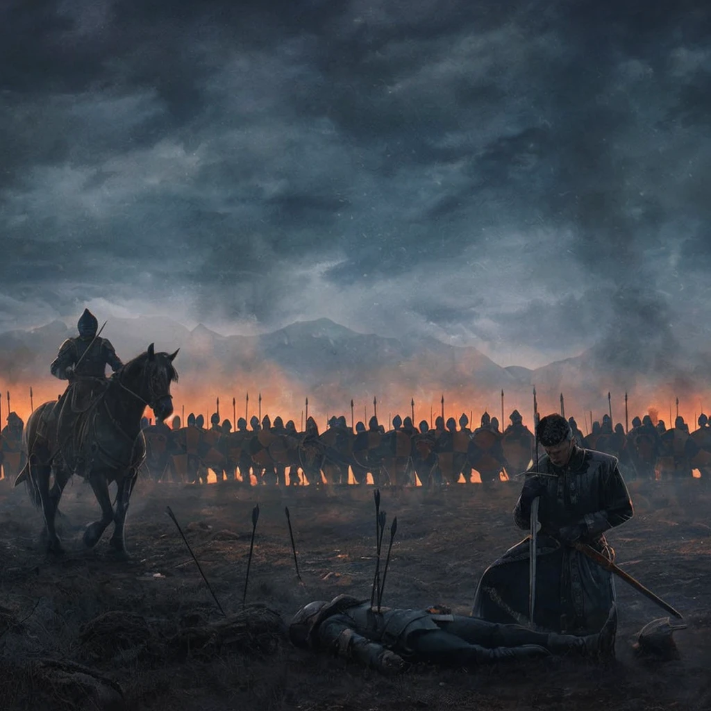 A man on horseback，Standing in front of a group of men, The night battle raged behind him, after a battle, author：Artur Tarnovsky, author：Ludwik Konarzewski, author：Tadeusz Pruszkowski, Award-winning epic paintings, author：Thomas Jedrusko, author：Adam Malchinsky