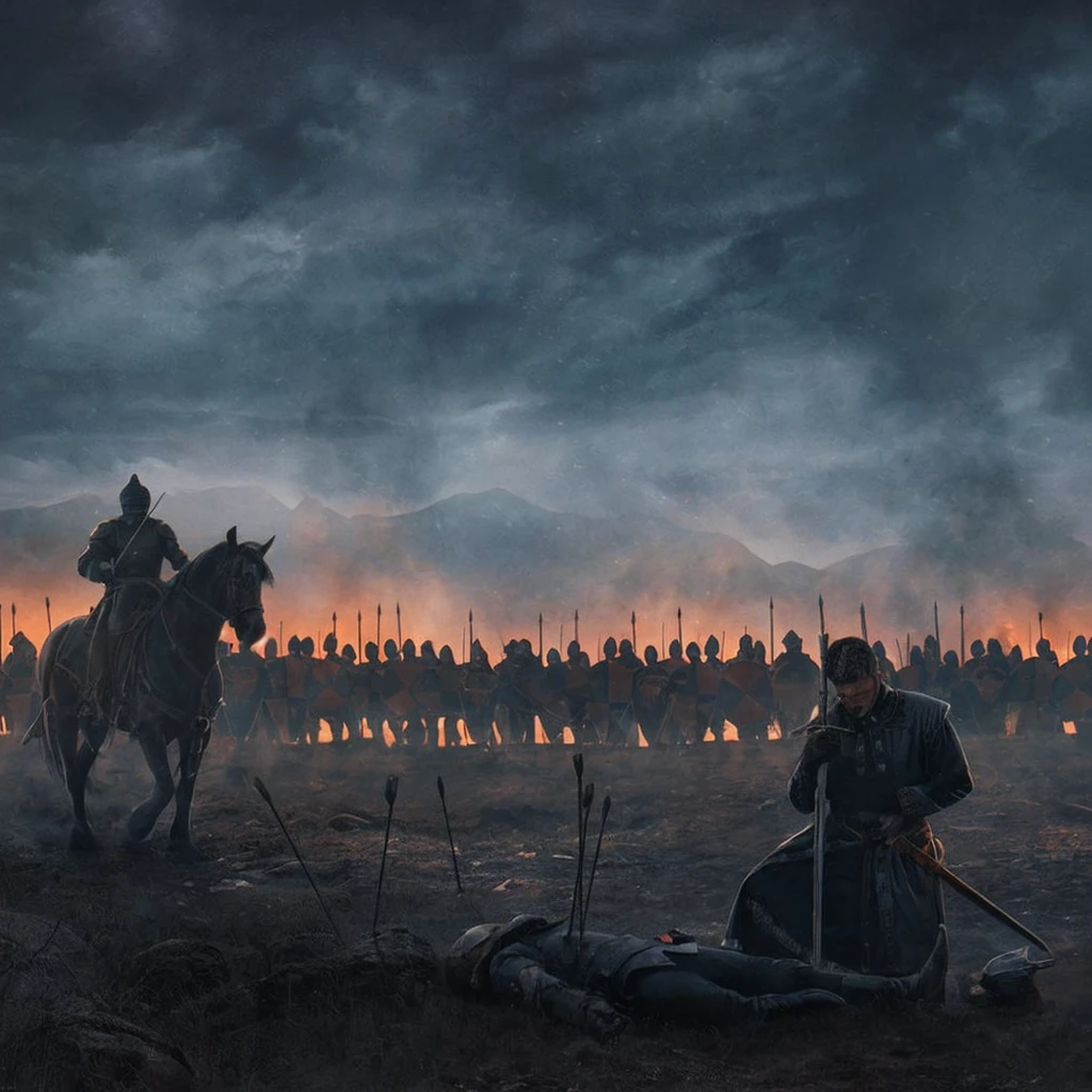 A man on horseback,Standing in front of a group of men, The night battle raged behind him, after a battle, author:Artur Tarnovsky, author:Ludwik Konarzewski, author:Tadeusz Pruszkowski, Award-winning epic paintings, author:Thomas Jedrusko, author:Adam Malchinsky