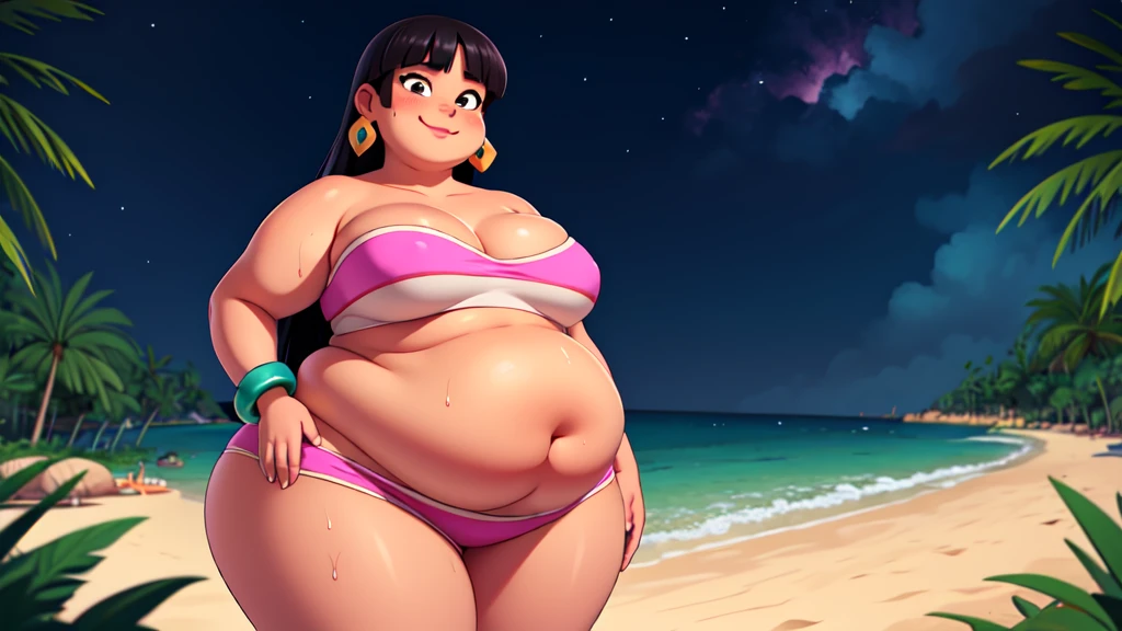 (work of art:1.2, best qualityer:1.2, dark ambient:1.1), SSBBW, Giant breasts, thunder thighs, soft, 1 girl, standing alone, Chel, Bblack hair, long hair, hombus stripe, eyes browns, darkskin, lipstick, breasts big, Broad Hips, top of the tube, neckleace, bared shoulders, emerald earrings, emerald bracelets, looking at the camera with a smug expression on his face, beach background, very large body, fat belly rolls, big breasts, sexy smile, fat arms, thunder thighs, super fat, looking at viewer, wet clothes, sweating very hard, sexy looking, blob, night beach, céu estrelado, night, very dark ambient, pov, sexy ambient, small girl, SUPER VERY VERY OBESE, LARGE GIRL
