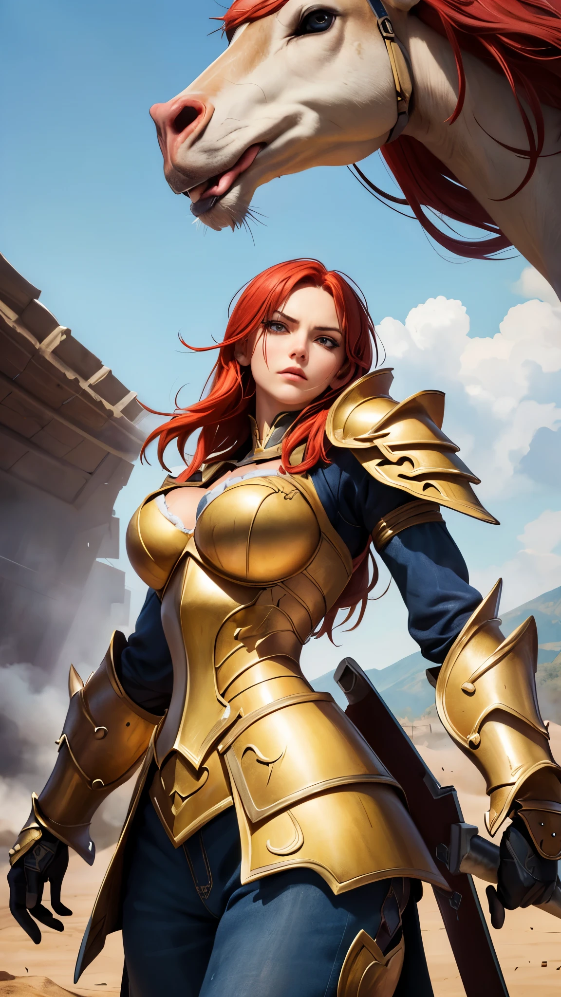 ((((masterpiece, best quality, high resolution)))), Extremely detailed 8K, 1 female, wearing a warrior type of armor, (Ultra HD, Ultra-detailed, Highly detailed, Highly realistic, Ultra-realistic, photograph realistic), (1girl:1.5), (Realistic red hair), (dynamic poses), facing at camera, looking at viewer, (a serious calm face), (regular black eyes, sharp eyes), (perky breasts:1.2), (beautiful detailed face, beautiful detailed eyes), ((armor damaged)), (preparing for a fight), sweat, glow, (sunbeam, sunlight), ((cowboy shot)), battlefield background, seductive, EnvyBetterHands LoCon,