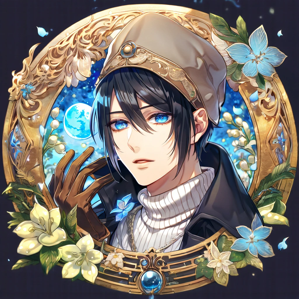 absurdres, highres, ultra detailed, HDR, master piece, Yoite, black hair, expressive blue eyes, black trench coat, white sweater, Nabari No Ou, sexy man, light brown beige cap, brown gloves, handsome, best quality, blue moon, flowers, fantasy, magical, solo, water, blue shining fireflies, blue petals,