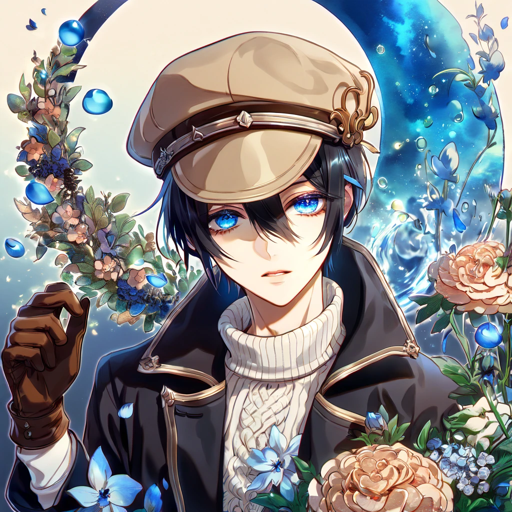 absurdres, highres, ultra detailed, HDR, master piece, Yoite, black hair, expressive blue eyes, black trench coat, white sweater, Nabari No Ou, sexy man, light brown beige cap, brown gloves, handsome, best quality, blue moon, flowers, fantasy, magical, solo, water, blue shining fireflies, blue petals,