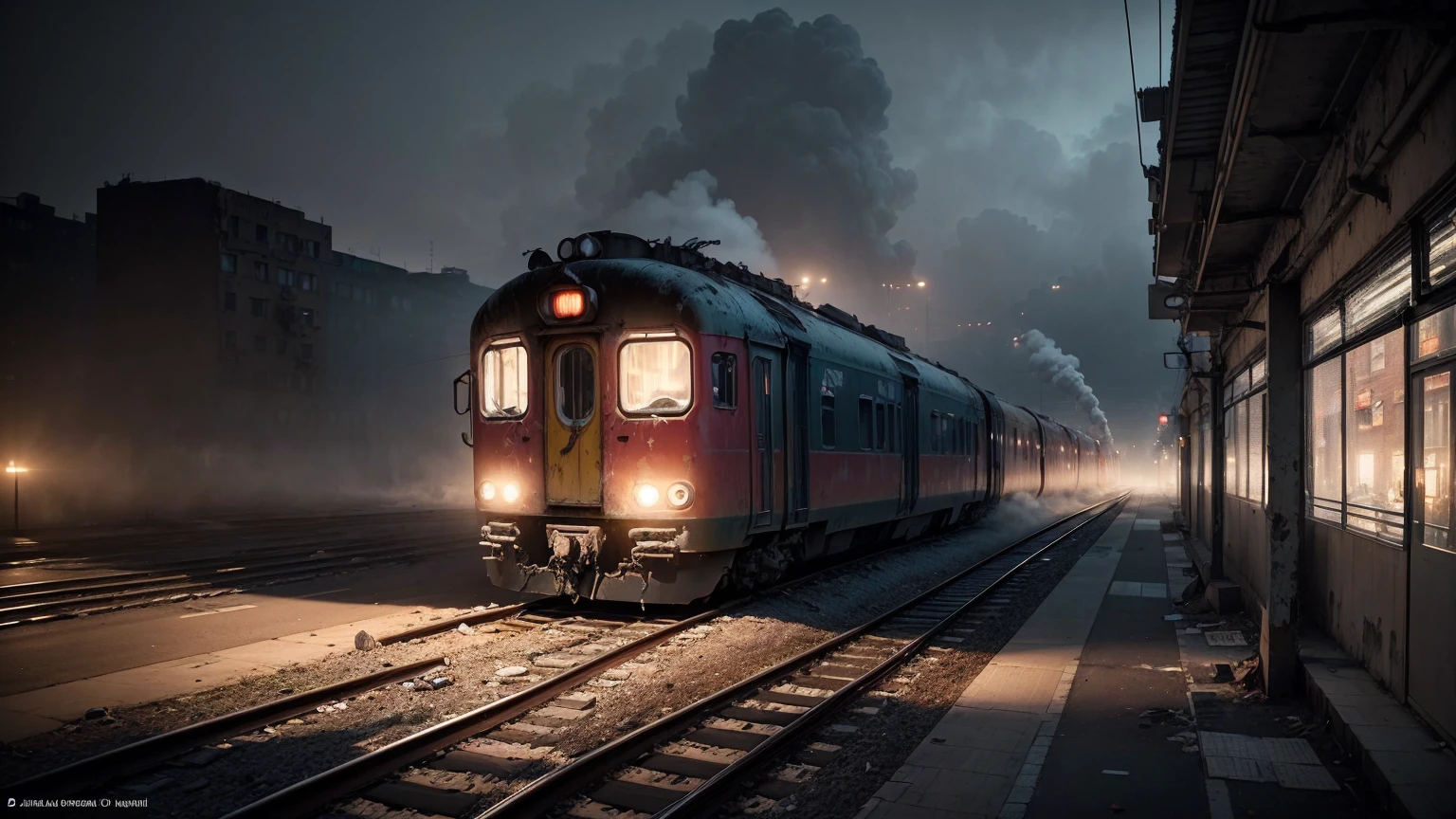(Night, Dark, terrible, Ghastly, dreariness:1.9), (foggy:1.7), (There is a railway nearby:1.5), (Dilapidated trains on railways:1.6), (Chaotic and dirty alleys:1.3), ((((Multi-storey and complex buildings)))), (Dilapidated building:1.6), (brick walls:1.3), (Ray tracing, The lighting is correct:1.8), (Photorealistic:2), ((hyper HD, tmasterpiece, Super detail, offcial art)), zombies