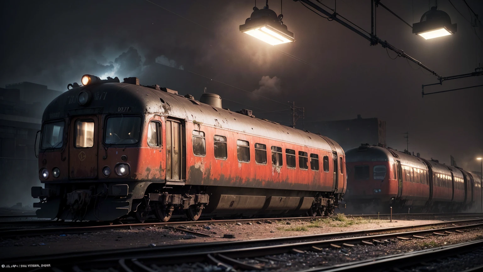 (Night, Dark, terrible, Ghastly, dreariness:1.9), (foggy:1.7), (There is a railway nearby:1.5), (Dilapidated trains on railways:1.6), (Chaotic and dirty alleys:1.3), ((((Multi-storey and complex buildings)))), (Dilapidated building:1.6), (brick walls:1.3), (Ray tracing, The lighting is correct:1.8), (Photorealistic:2), ((hyper HD, tmasterpiece, Super detail, offcial art)), zombies
