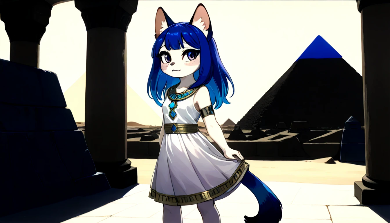 1girl,Artist Name,Egyptian cat,Blue Hair,skin,Keep your mouth shut,Wear,whole body,solo,Standing,猫Tail,Keep your mouth shut,Wear,Looking at the audience,Animal Crossing Furry, Blue Hair, Hair accessories, 黄skin, black eyes, White Dress, Tail, Egyptian Pyramids,mummy,Sunlight,sunny,(masterpiece), ((best quality), Detailed background, masterpiece, best quality, high quality, absurd, The award-winning, professional, Very detailed