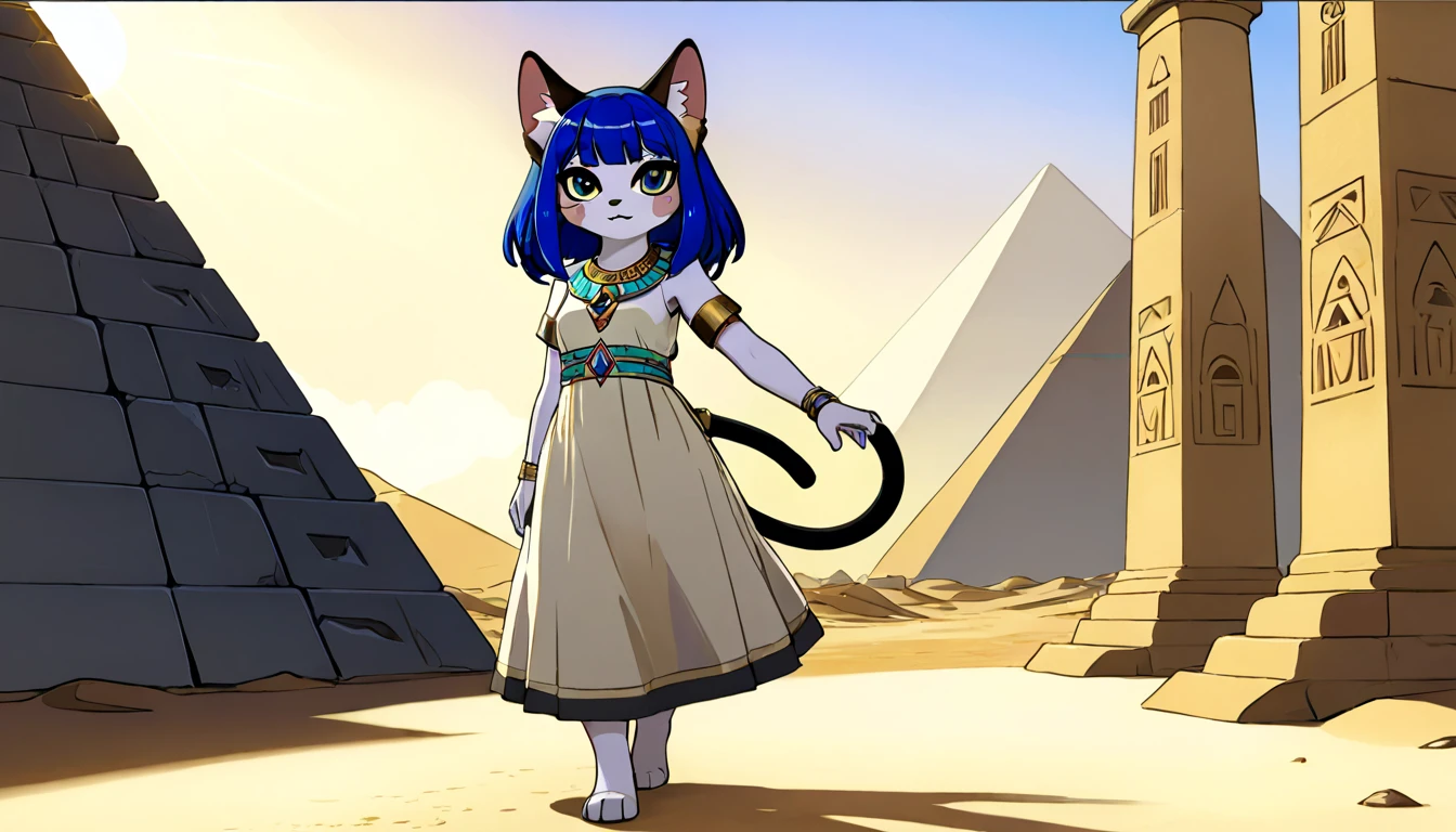 1girl,Artist Name,Egyptian cat,Blue Hair,skin,Keep your mouth shut,Wear,whole body,solo,Standing,猫Tail,Keep your mouth shut,Wear,Looking at the audience,Animal Crossing Furry, Blue Hair, Hair accessories, 黄skin, black eyes, White Dress, Tail, Egyptian Pyramids,mummy,Sunlight,sunny,(masterpiece), ((best quality), Detailed background, masterpiece, best quality, high quality, absurd, The award-winning, professional, Very detailed