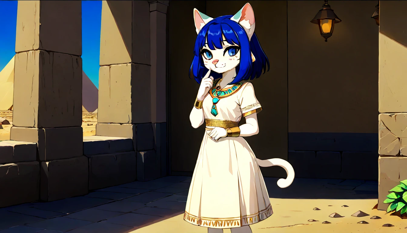 1girl，Artist Name，Egyptian cat，Blue Hair，skin，Keep your mouth shut，Wear，whole body，solo，Standing，猫Tail，Keep your mouth shut，Wear，Looking at the audience,Animal Crossing Furry, Blue Hair, Hair accessories, 黄skin, black eyes, White Dress, Tail, Egyptian Pyramids，mummy，Sunlight，sunny，(masterpiece), ((best quality), Detailed background, masterpiece, best quality, high quality, absurd, The award-winning, professional, Very detailed